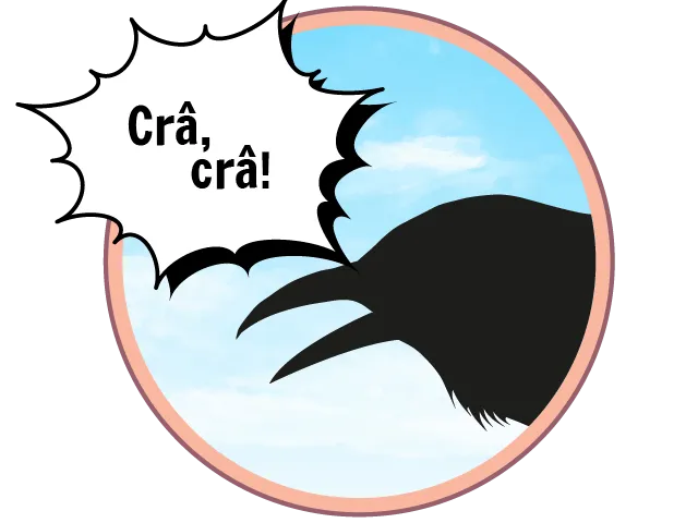 Illustration du profil d’une corneille noire au bec ouvert qui crie, avec une bulle de texte « Crâ, crâ ! ».