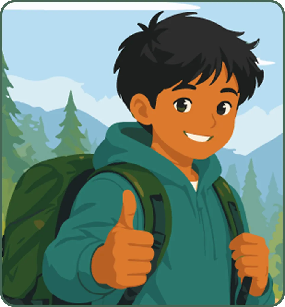Illustration colorée d’un jeune garçon souriant en pleine nature. Il porte un manteau à capuchon turquoise et un grand sac à dos de randonnée vert. Il lève le pouce vers le haut. En arrière-plan, on aperçoit des sapins.