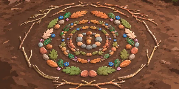 Illustration d'un grand mandala en pleine nature formé avec un gland, des galets, des feuilles et des branches.