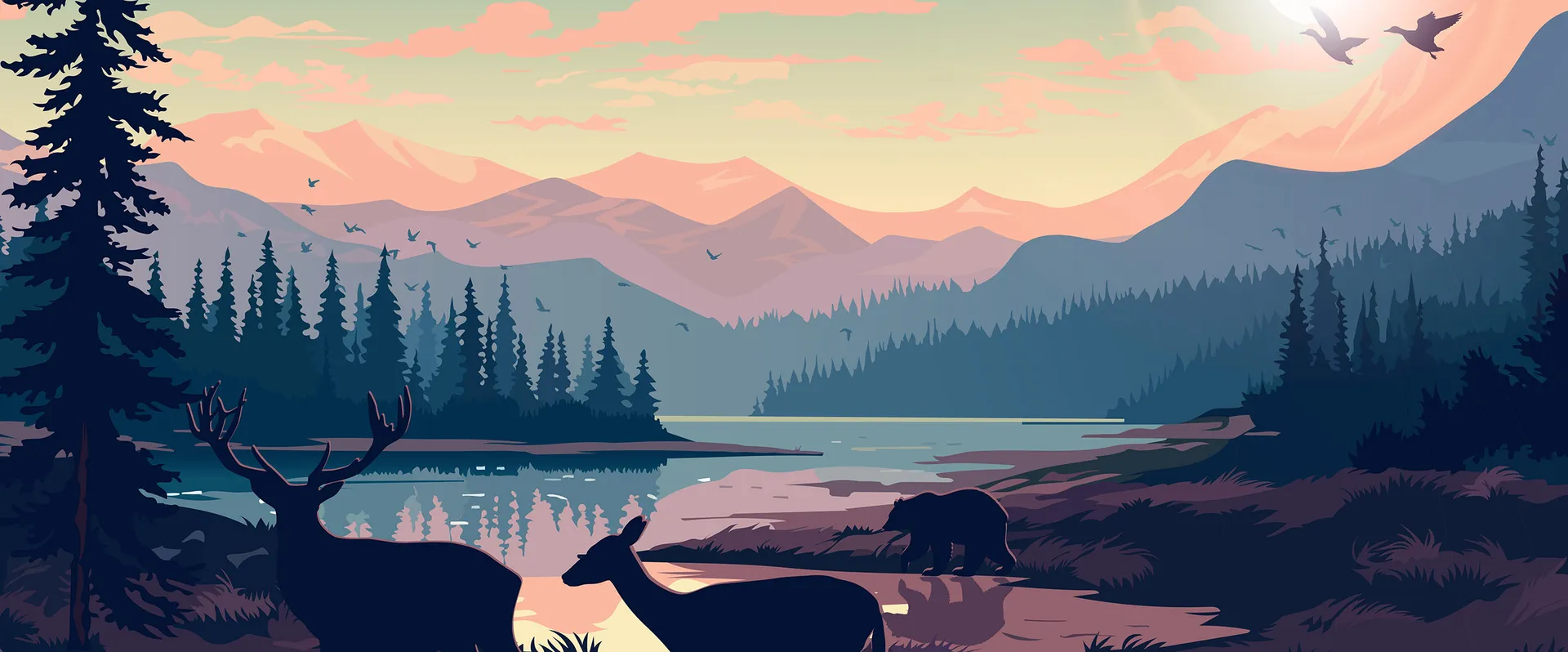 Illustration de deux cerfs et d’un ours au bord d’un lac, entourés de sapins sous un coucher de soleil.