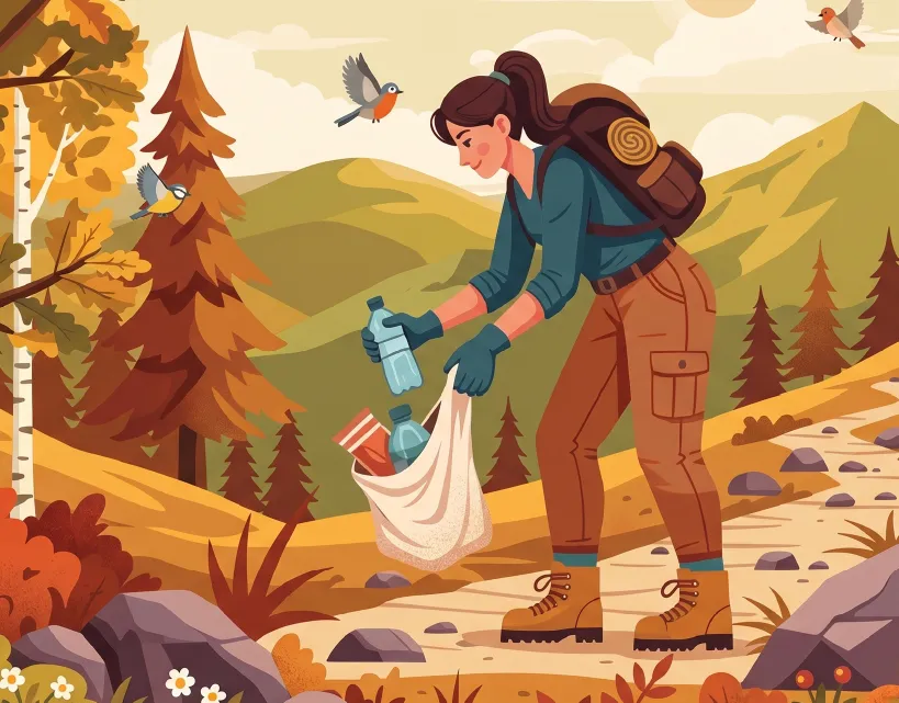 Une randonneuse ramasse des déchets sur un sentier en forêt.