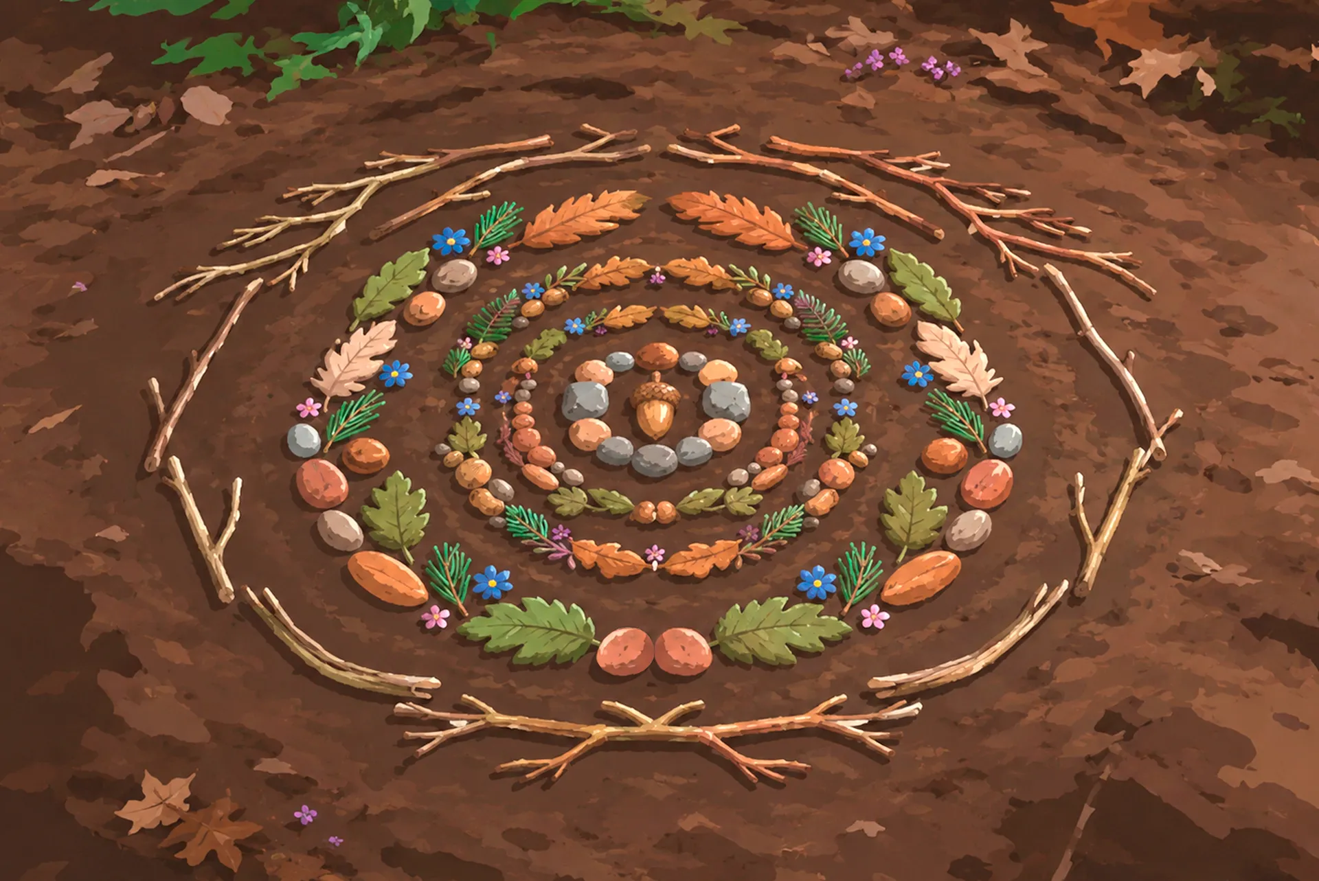 Un grand mandala en pleine nature formé avec un gland, des galets, des feuilles et des branches.