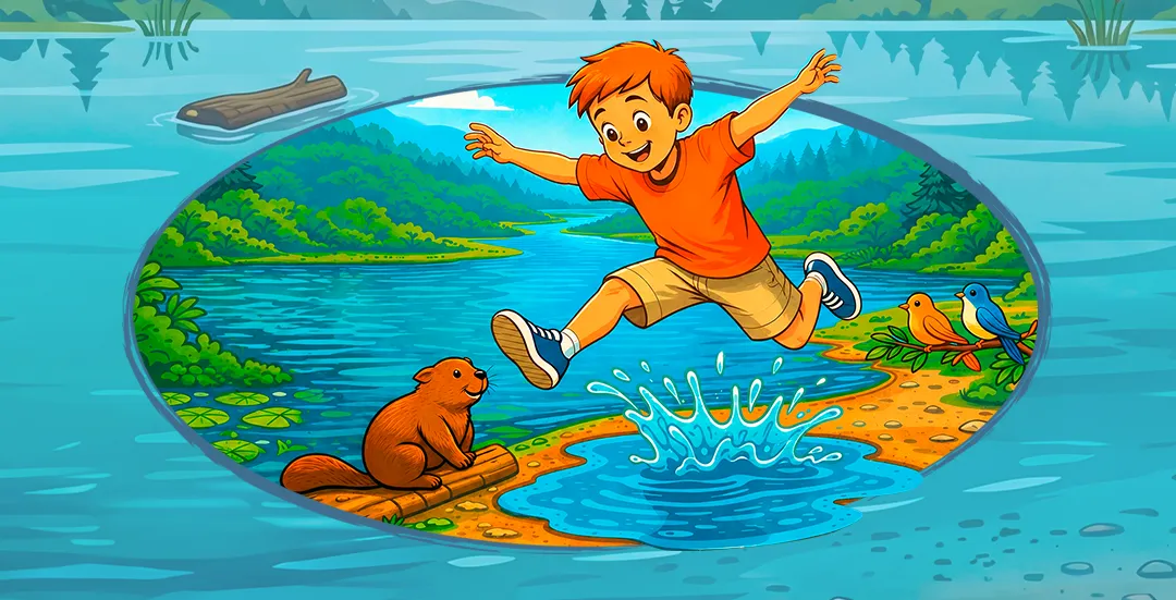 Illustration d’un garçon joyeux qui saute par-dessus une flaque d'eau à côté d'un castor et de deux oiseaux.