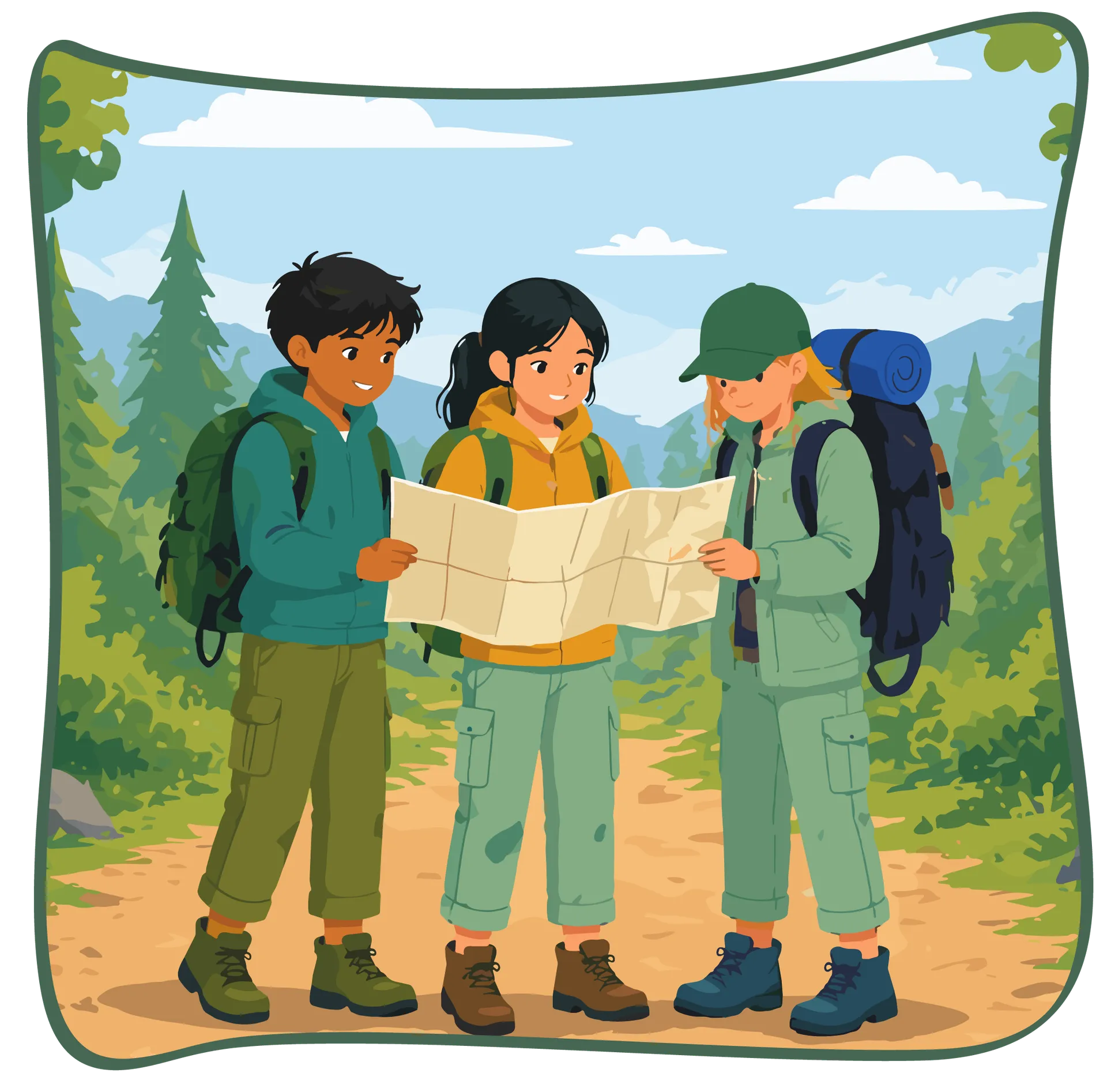 Illustration de trois enfants en forêt qui regardent ensemble une carte de randonnée.