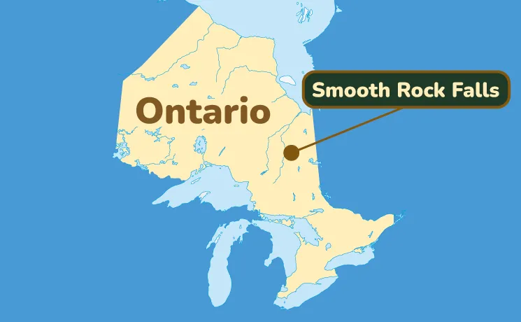 Carte simplifiée de l'Ontario montrant la ville de Smooth Rock Falls avec un point et une étiquette.