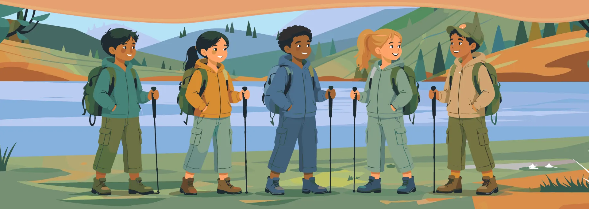 Illustration de cinq enfants joyeux en randonnée avec des sacs à dos et des bâtons près d'un lac.