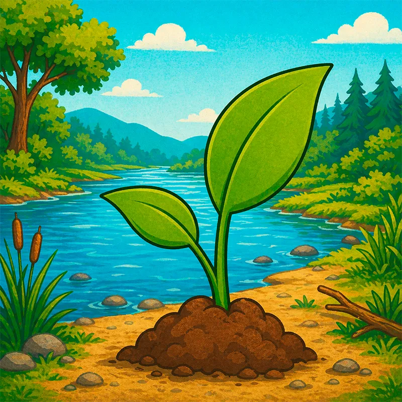 Illustration d'une jeune pousse verte sortant de terre au bord d'une rivière entourée d'arbres et de sapins.