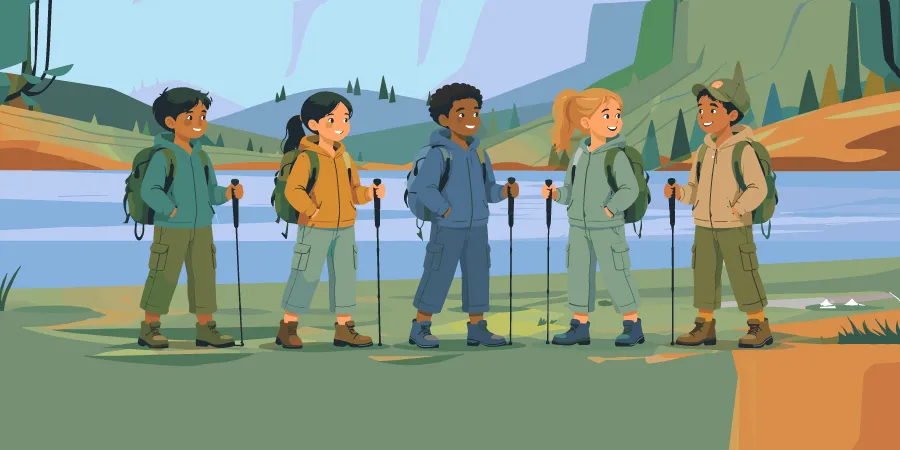 Illustration de cinq enfants joyeux en randonnée avec des sacs à dos et des bâtons près d'un lac.