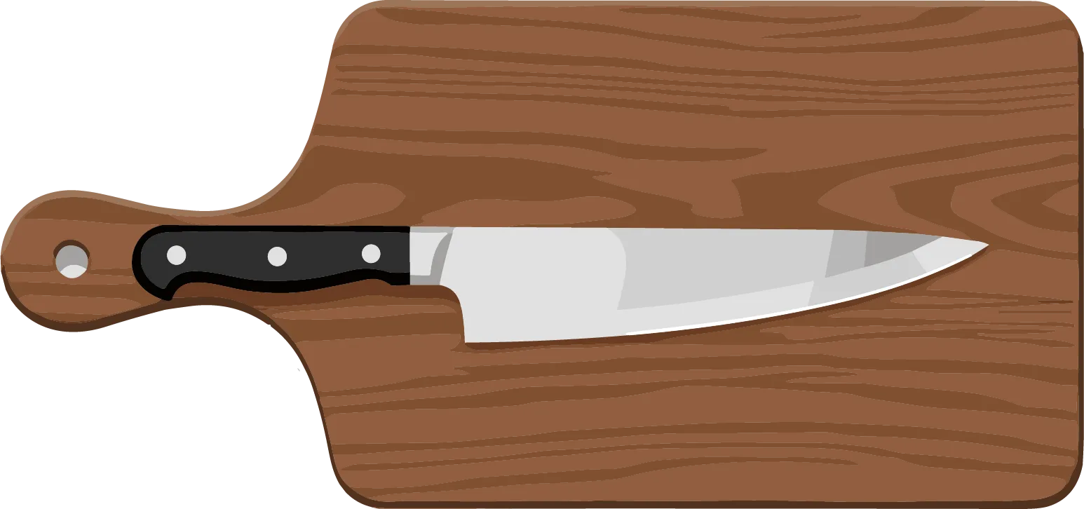 Un couteau tranchant posé sur une planche à découper en bois.