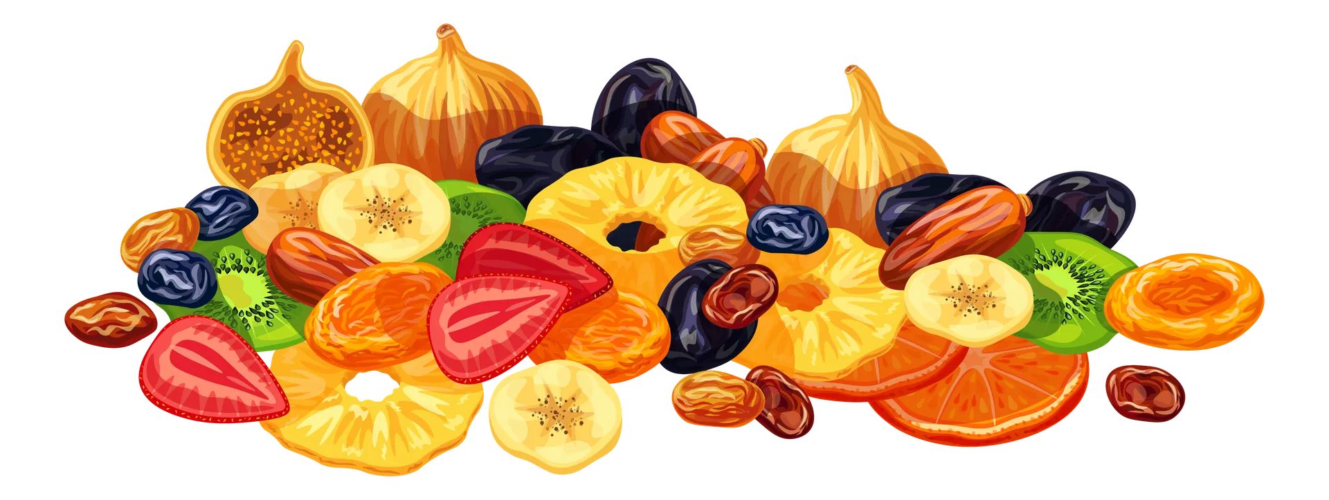 Illustration d’un tas de fruits séchés variés comme des tranches de fraises, de kiwis, d’ananas et des dattes.