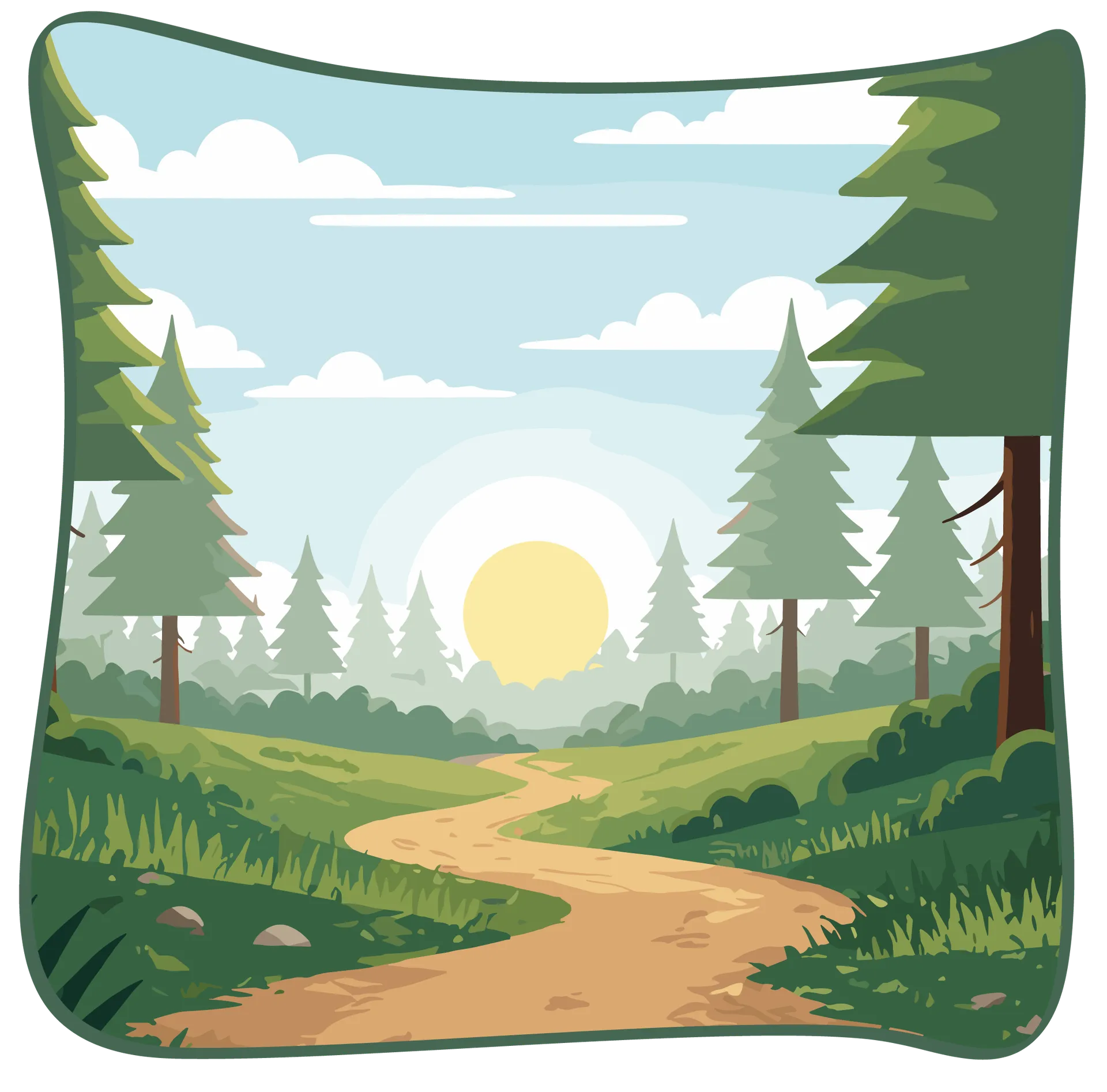 Illustration d'un sentier de terre qui serpente au milieu d'une forêt de sapins sous un grand soleil.