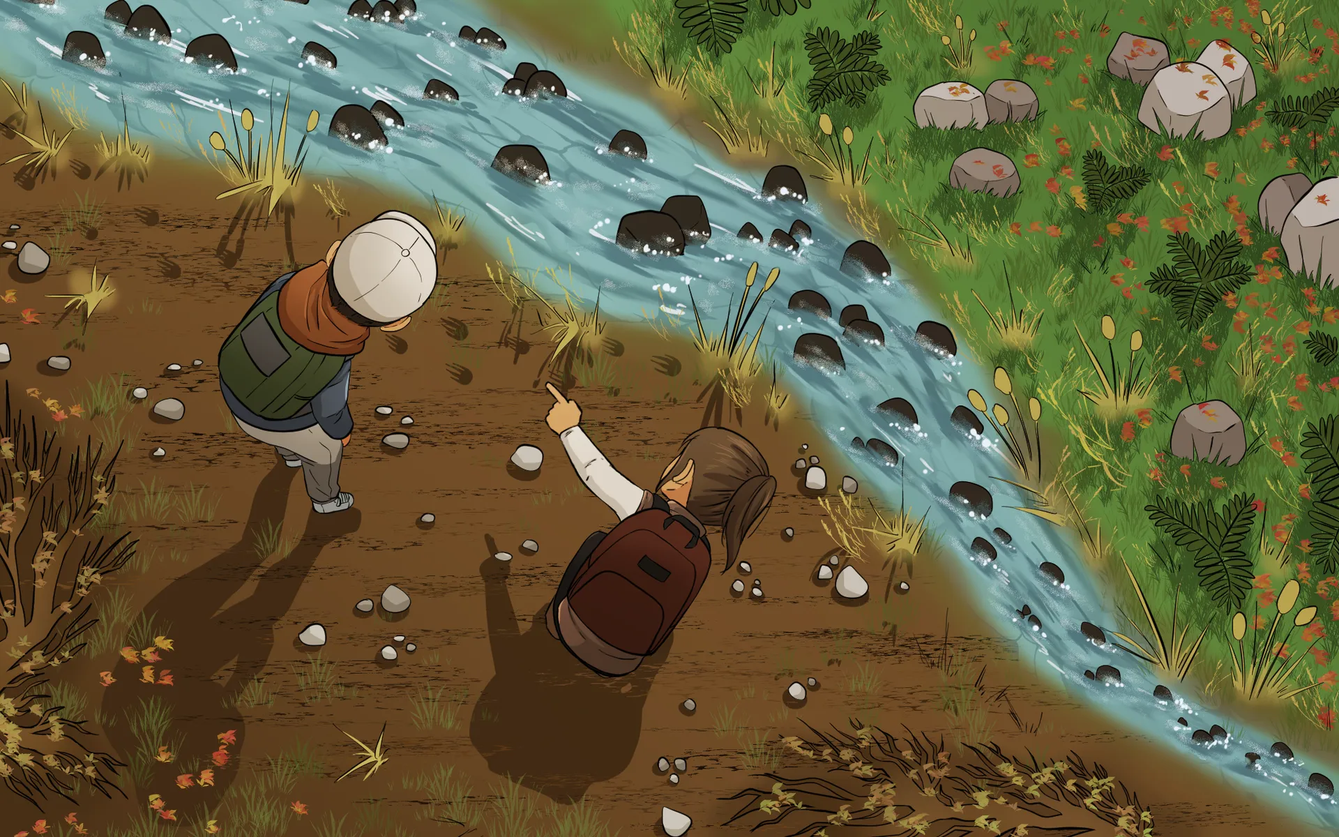 Camille et Éloi sont au bord d’une rivière remplie de galets. Camille pointe l’eau qui coule.