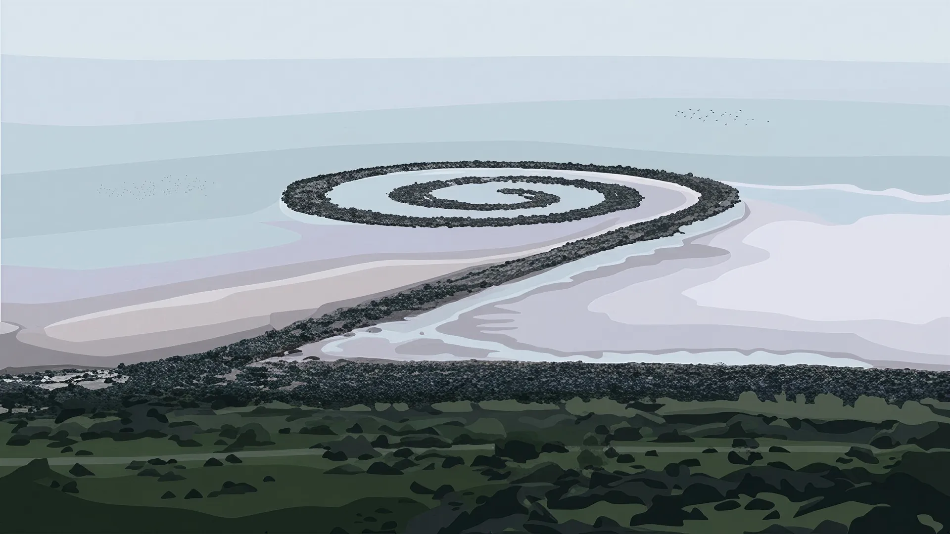 Photographie de l’œuvre Spiral Jetty, une immense spirale de roches noires construite dans l’eau d’un lac.