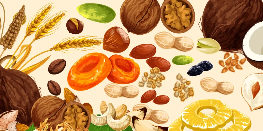 Illustration d'un mélange de randonneur avec des amandes, des noix, des noisettes et des morceaux d'ananas séché.