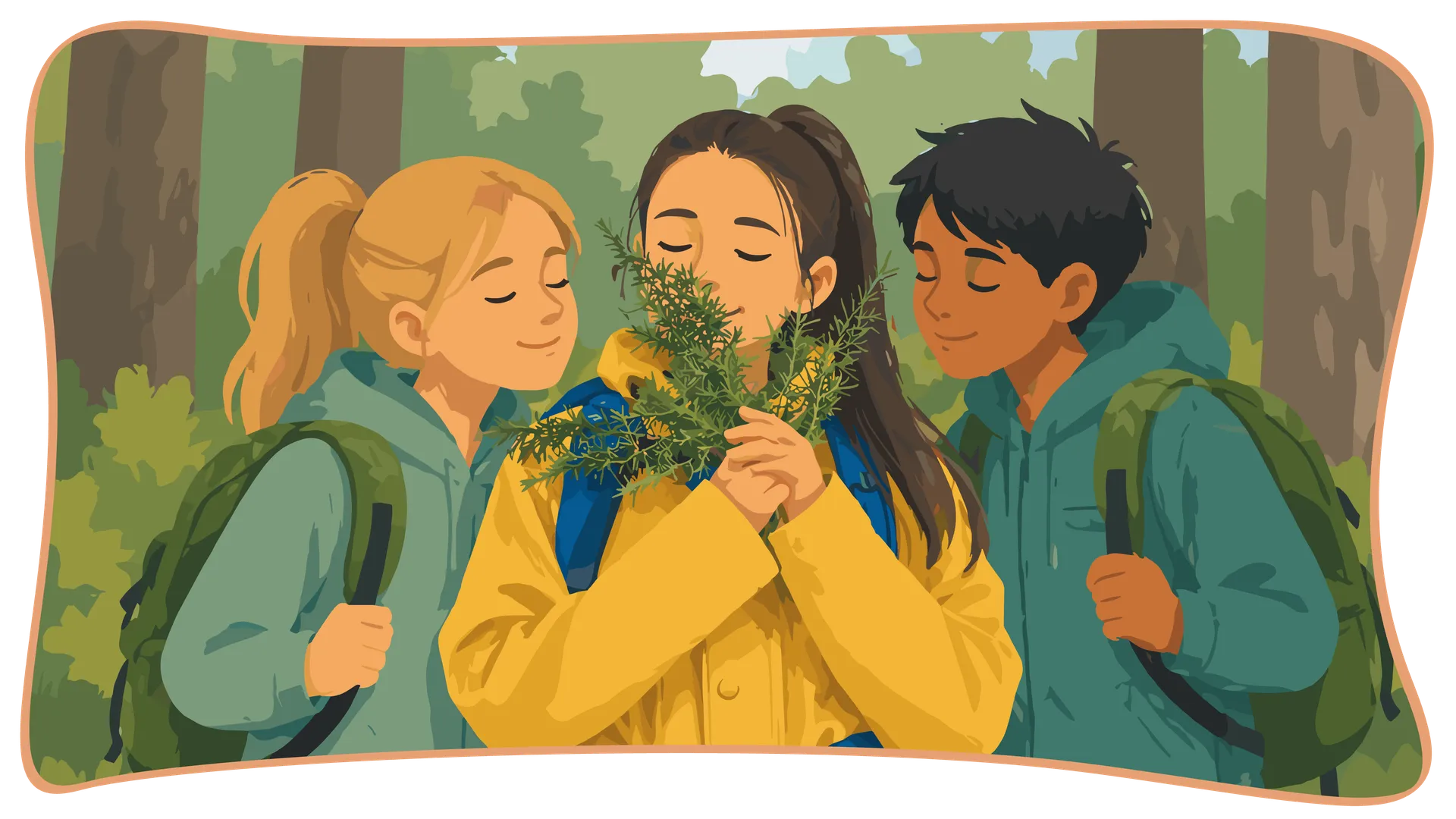 Illustration de trois enfants avec des sacs à dos qui ferment les yeux pour sentir une branche de sapin.