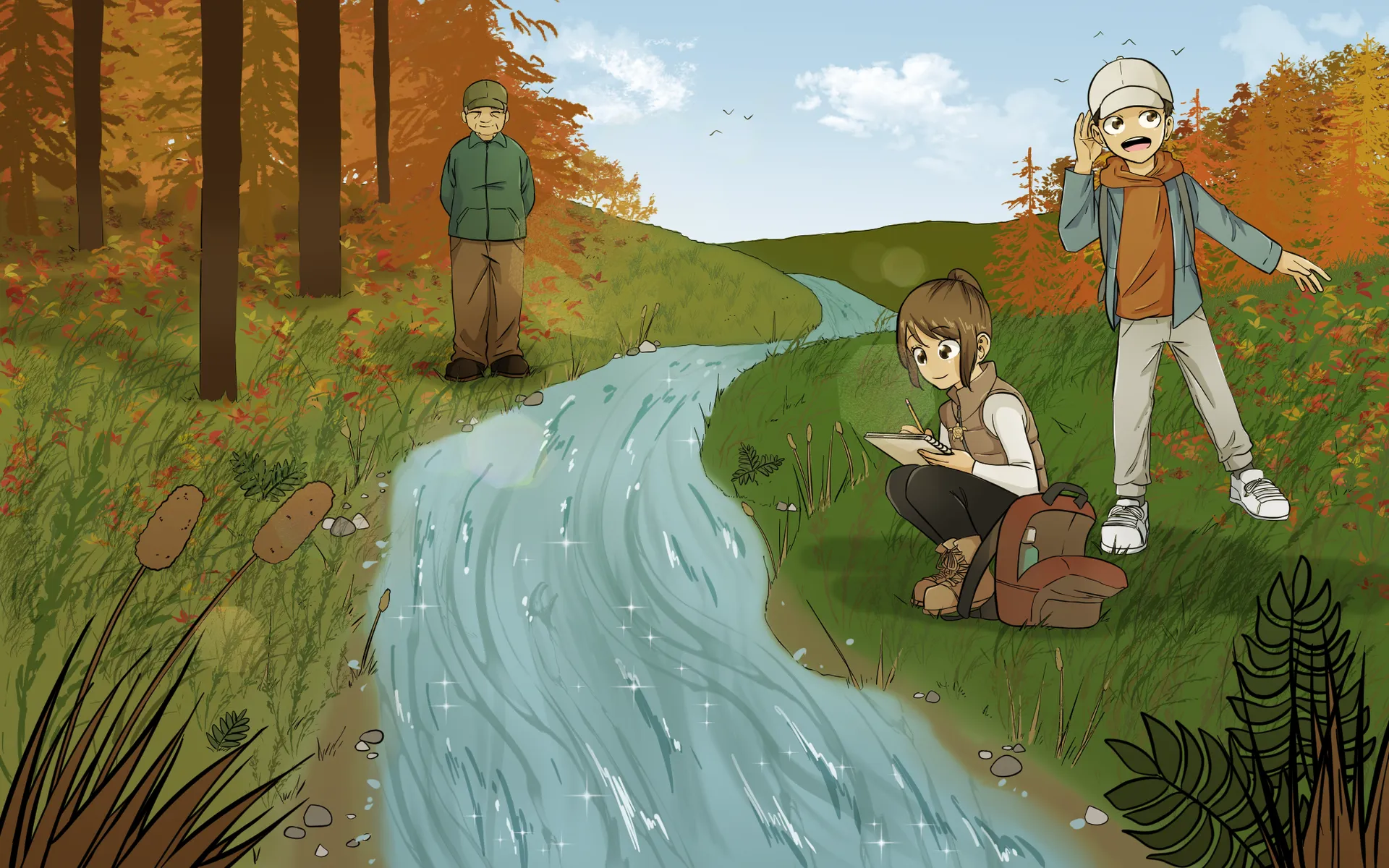 Camille est assise dans l’herbe et dessine un cours d’eau étincelant. À côté d’elle, Éloi écoute attentivement les bruits, une main derrière l’oreille. Plus loin, leur grand-père les regarde gentiment depuis le bord de la forêt.