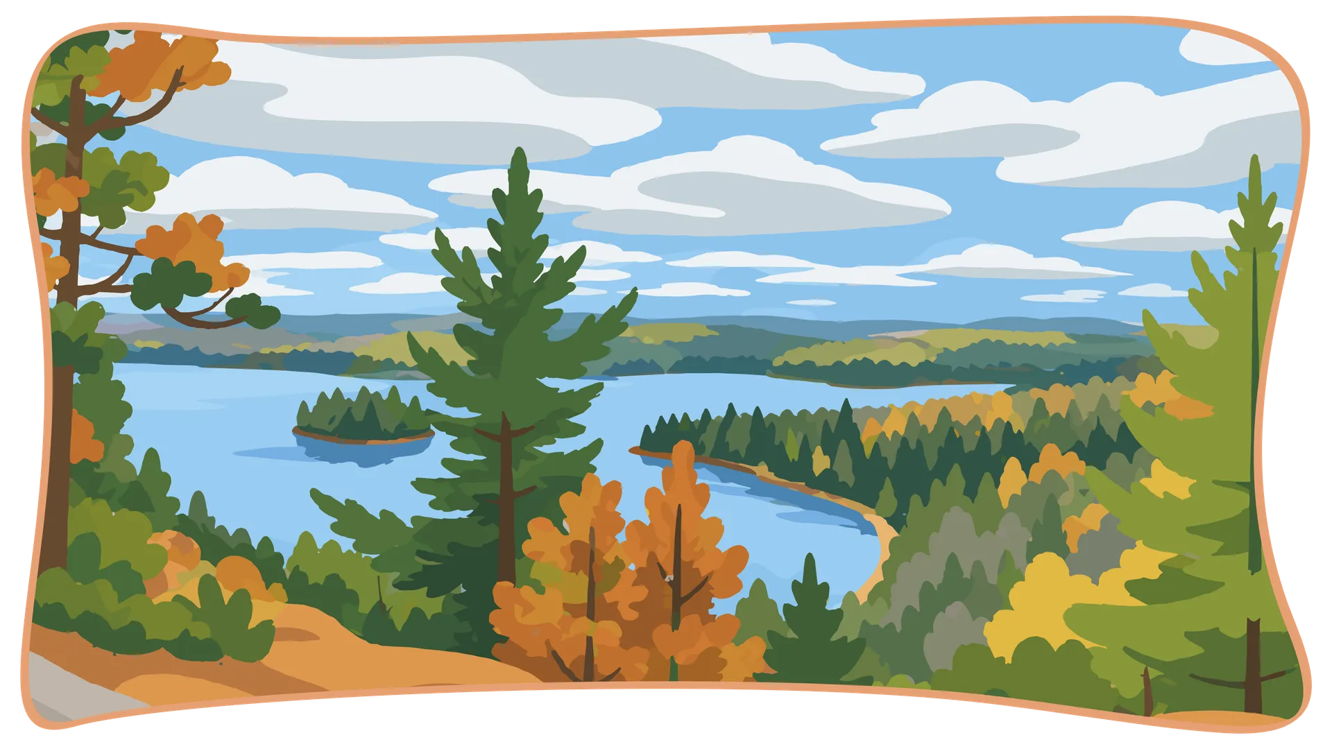 Illustration d'une rivière bleue coulant entre des forêts de sapins verts et d'arbres aux couleurs d'automne.