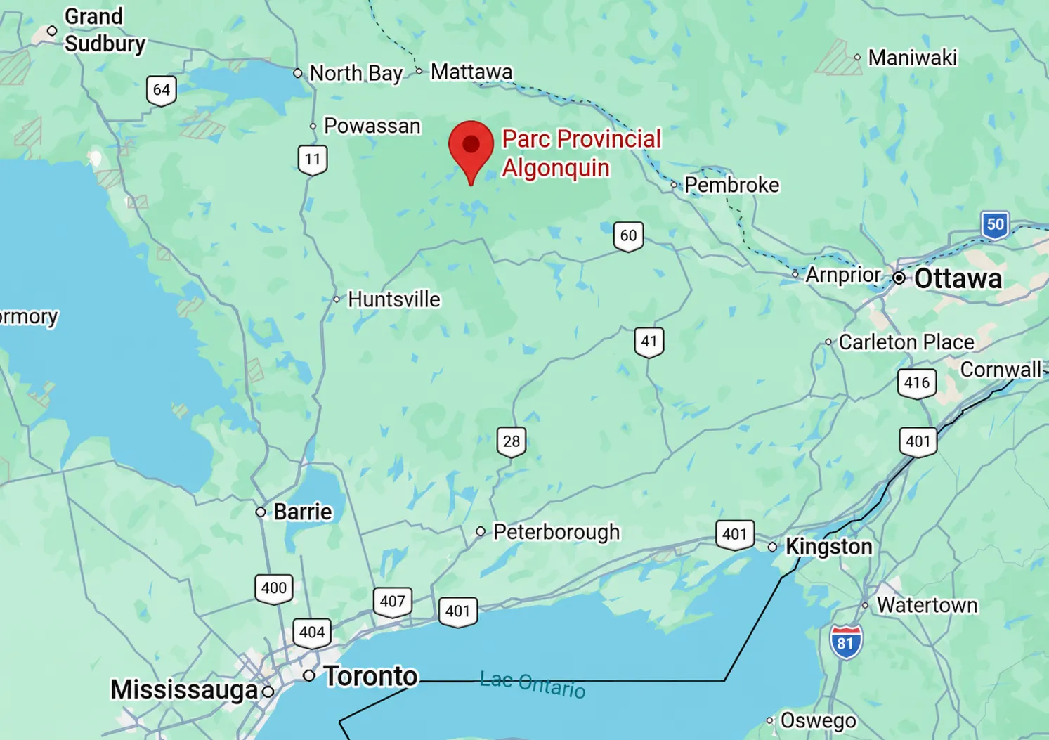 Une carte routière du sud de l’Ontario. Un gros repère indique l’emplacement du parc provincial Algonquin.