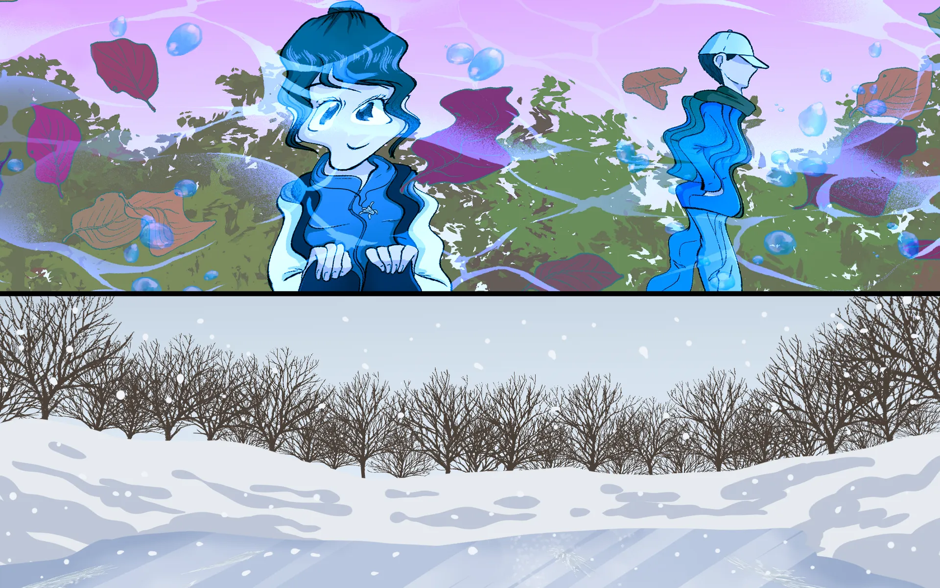 En haut, les reflets déformés de Camille, souriante, et d’Éloi avec sa casquette apparaissent dans l’eau parmi des feuilles d’automne. En bas, une rangée d’arbres sans feuilles borde une rivière calme sous un ciel d’hiver tout blanc.