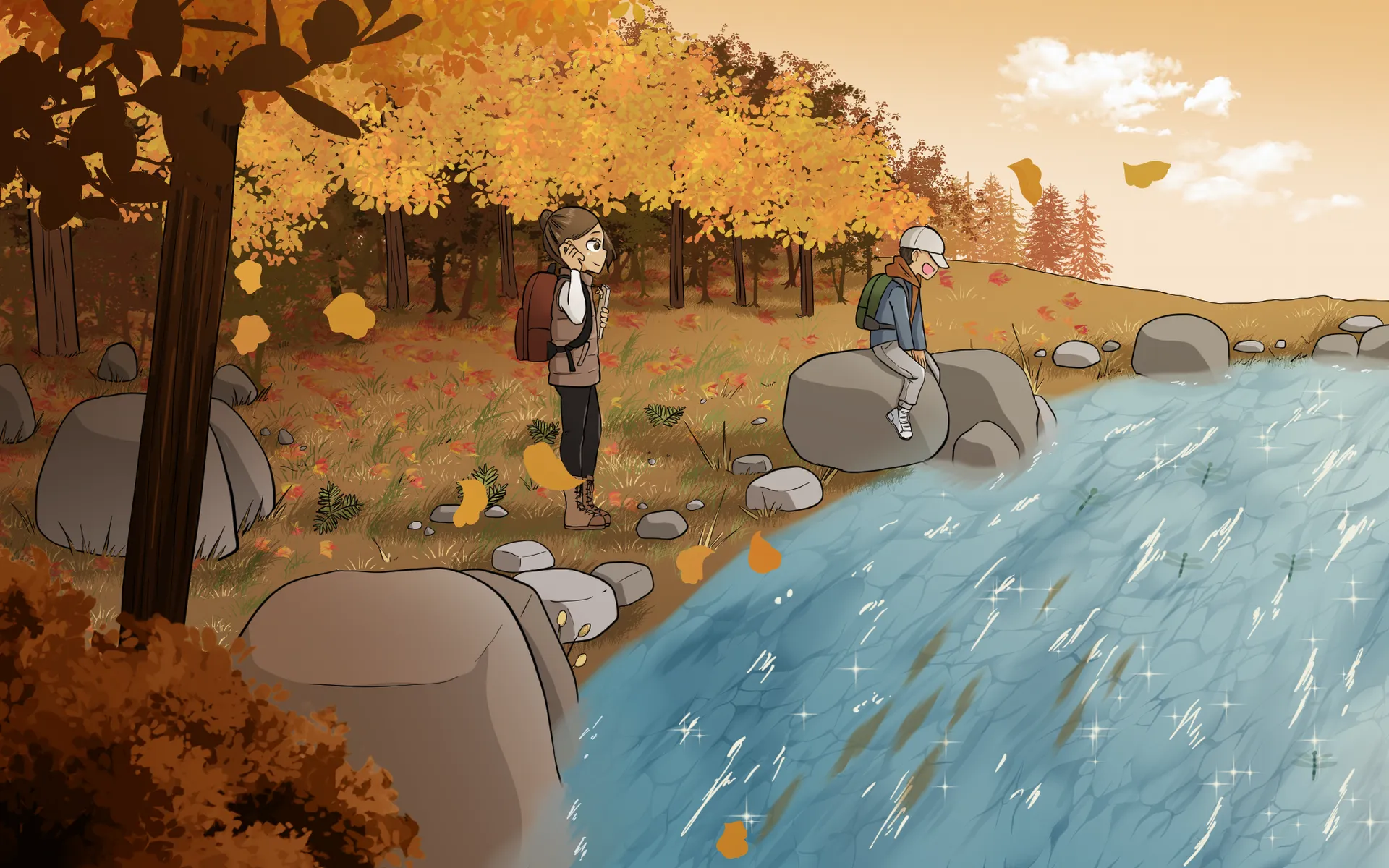 Au bord d’une rivière qui brille, Éloi est assis sur un gros rocher, tandis que Camille, debout, regarde l’eau. Tout autour d’eux, les arbres de la forêt perdent leurs jolies feuilles d’automne orangées et jaunes.