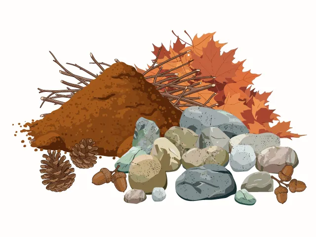 Illustration d'un tas de terre entouré de feuilles d'automne, de pommes de pin, de branches et de galets empilés.
