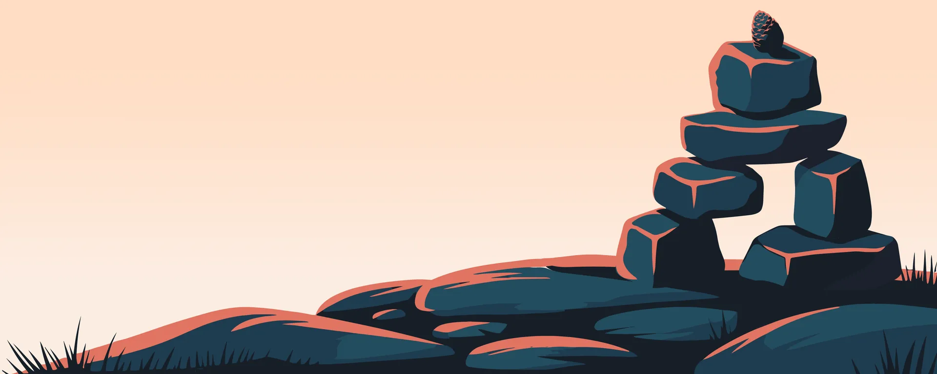Illustration d'un inukshuk en pierres sombres construit au sommet d'une colline rocheuse.