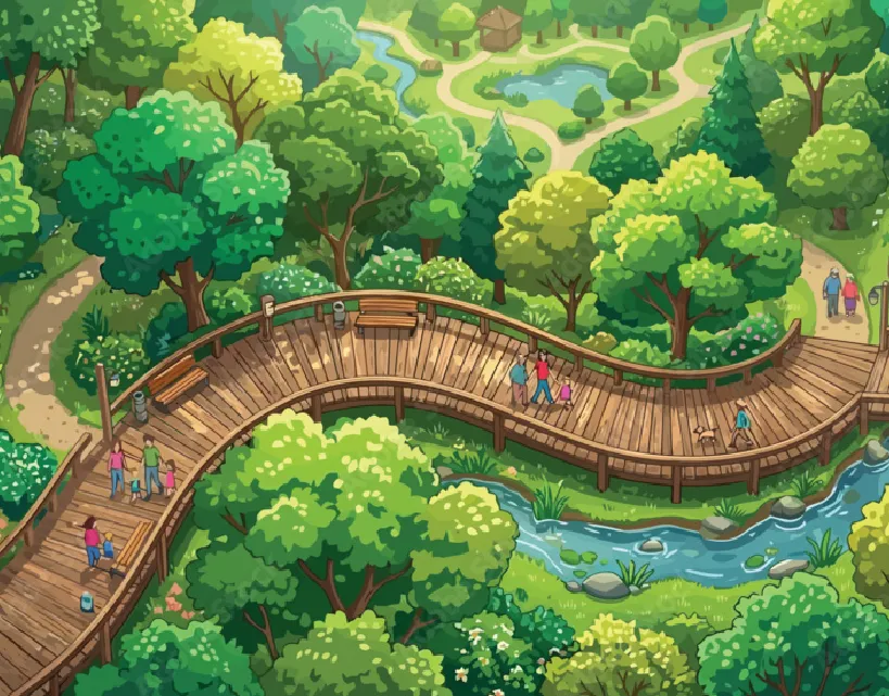 Illustration d'un grand pont en bois arrondi qui traverse un ruisseau bleu au milieu d’un parc.