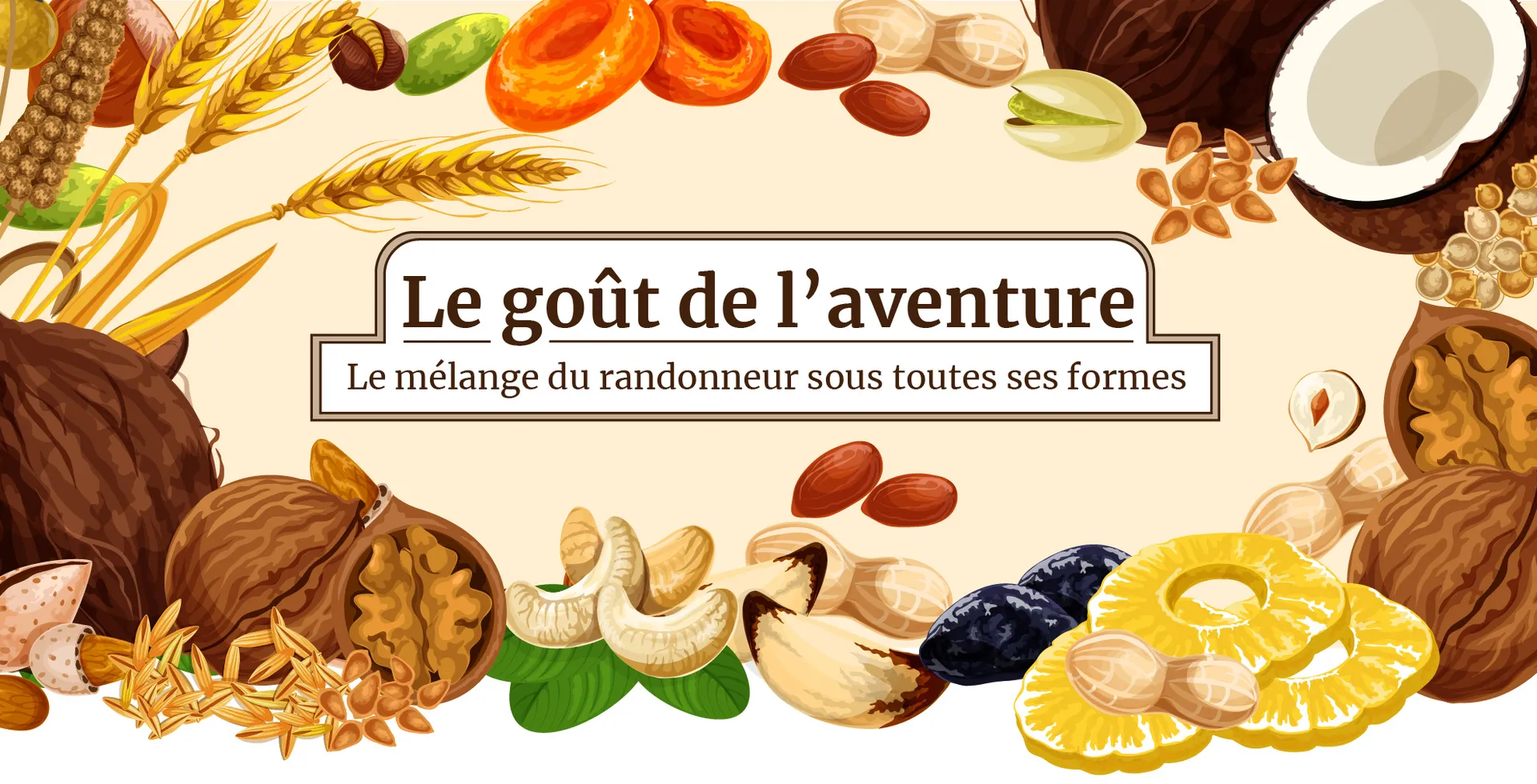 Illustration d'un mélange de randonneur avec des amandes, des noix, des noisettes et des morceaux d'ananas séché.