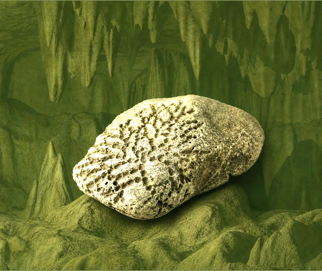 Un gros fossile ovale couvert de nombreux petits trous, rappelant une éponge ou un corail fossilisés.