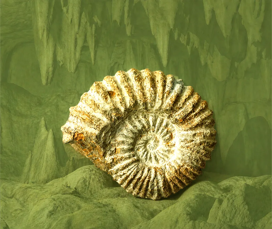 Un gros fossile en forme de spirale, comme une coquille d’escargot géant.