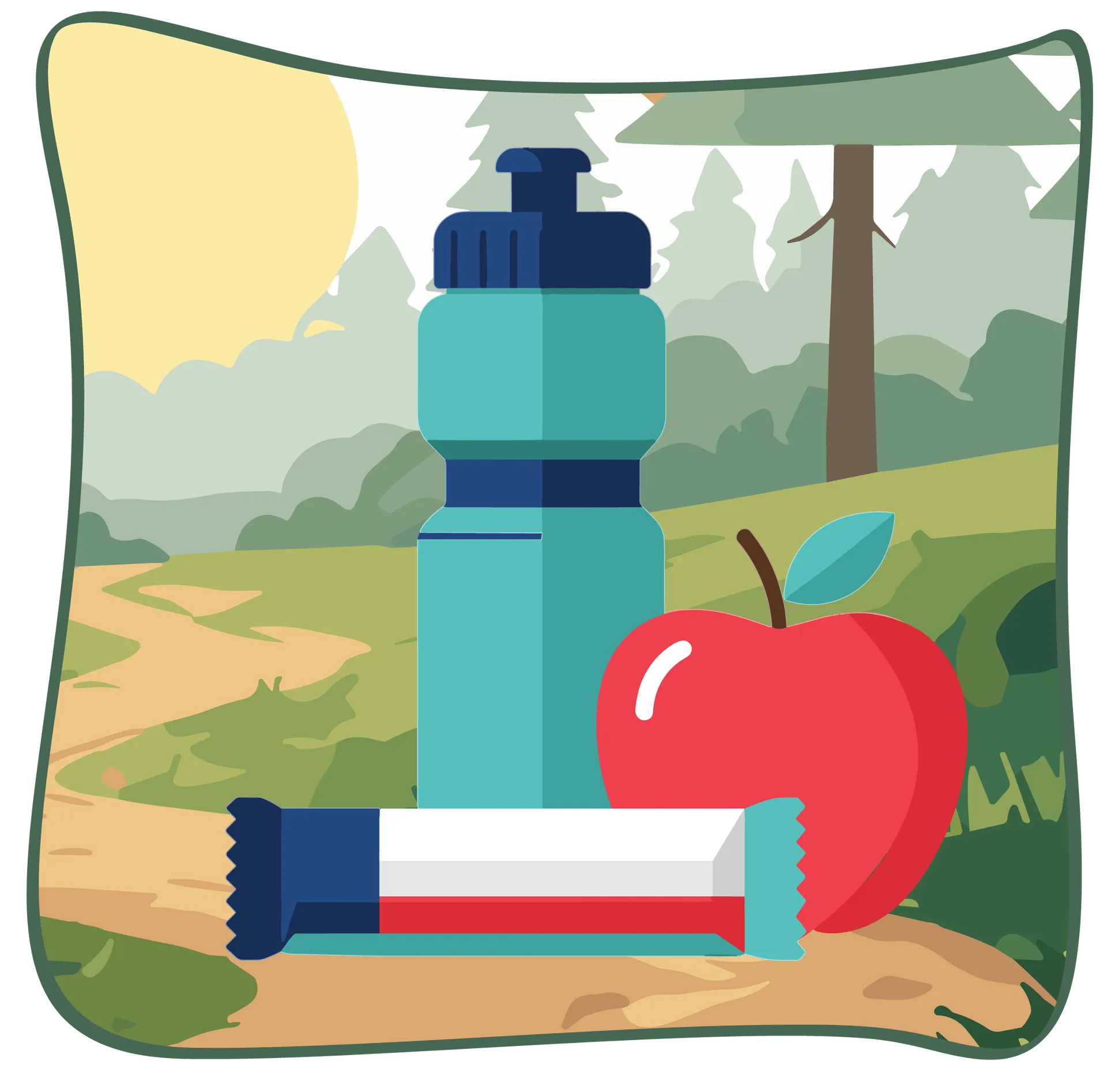 Illustration d'une pomme rouge, d'une gourde bleue et d'une barre tendre.