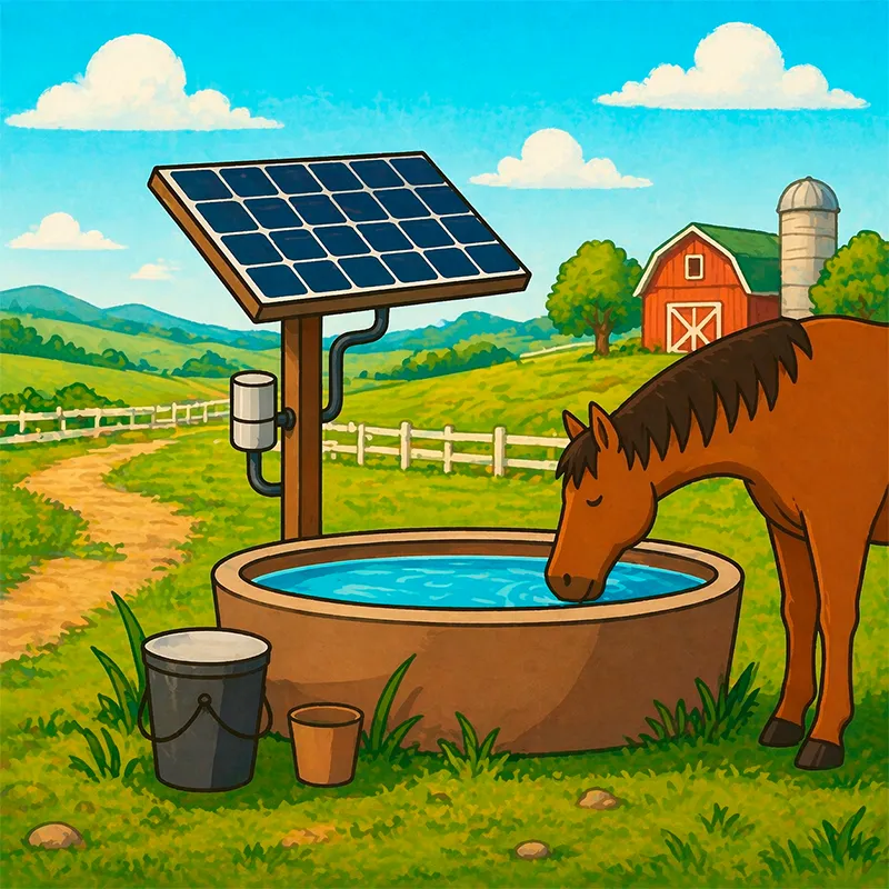 Illustration d'un grand cheval qui boit dans un abreuvoir à côté d'un panneau solaire près d'une ferme.