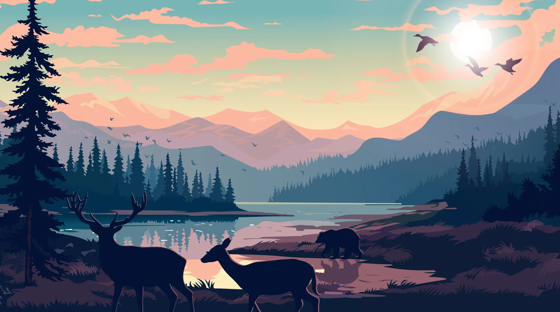 Illustration de deux cerfs et d’un ours au bord d’un lac, entourés de sapins sous un coucher de soleil.