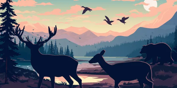 Illustration de deux cerfs et d’un ours au bord d’un lac, entourés de sapins sous un coucher de soleil.