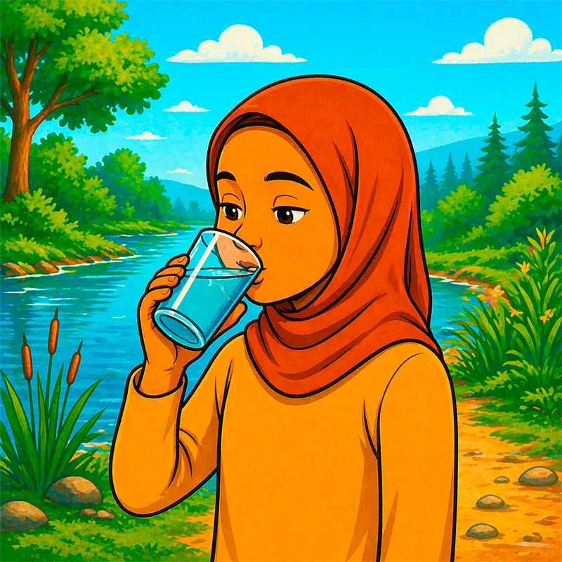 Illustration d'une jeune fille portant un hijab qui boit un verre d'eau au bord d'une rivière.