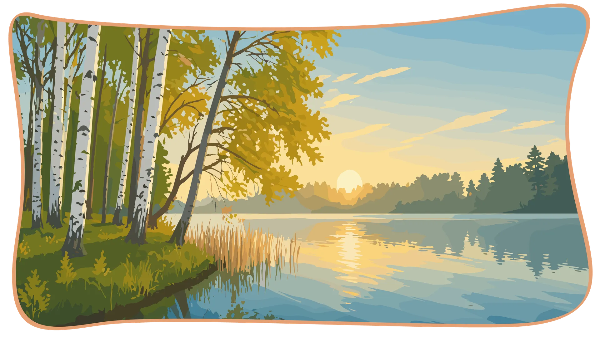 Illustration d'un coucher de soleil orangé sur un lac calme avec de grands bouleaux et une forêt de sapins au loin.