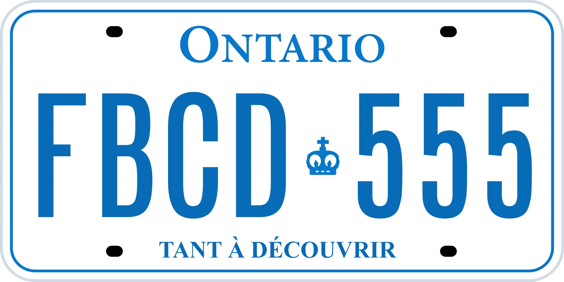 Dessin d’une plaque d’immatriculation de l’Ontario avec « FBCD 555 » au centre et « TANT À DÉCOUVRIR » en bas.
