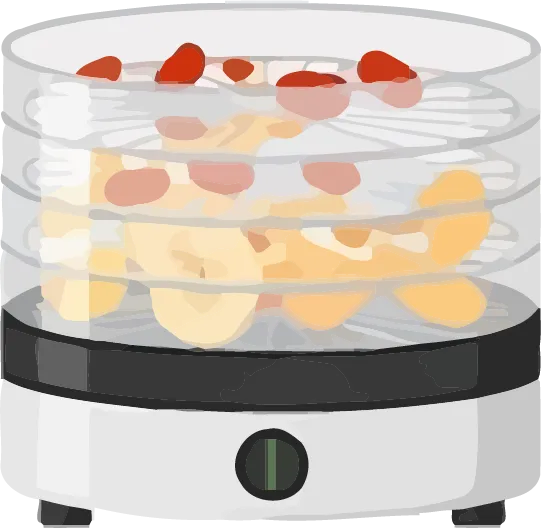 Illustration d'un déshydrateur d'aliments transparent qui fait sécher des rondelles de fraises et de bananes.