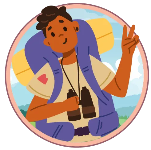 Illustration d'un garçon souriant avec un sac à dos de randonnée et des jumelles, faisant le signe de la paix.