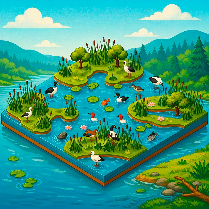 Illustration en vue de haut d'un marais avec des îlots d'herbe, des canards sur l'eau et des montagnes au loin.