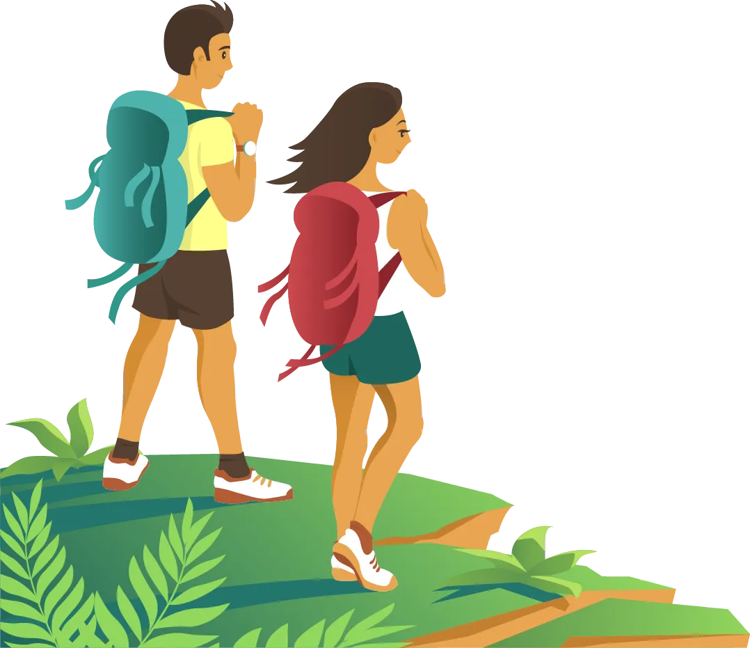 Deux jeunes personnes portant des sacs à dos marchent sur un chemin verdoyant.