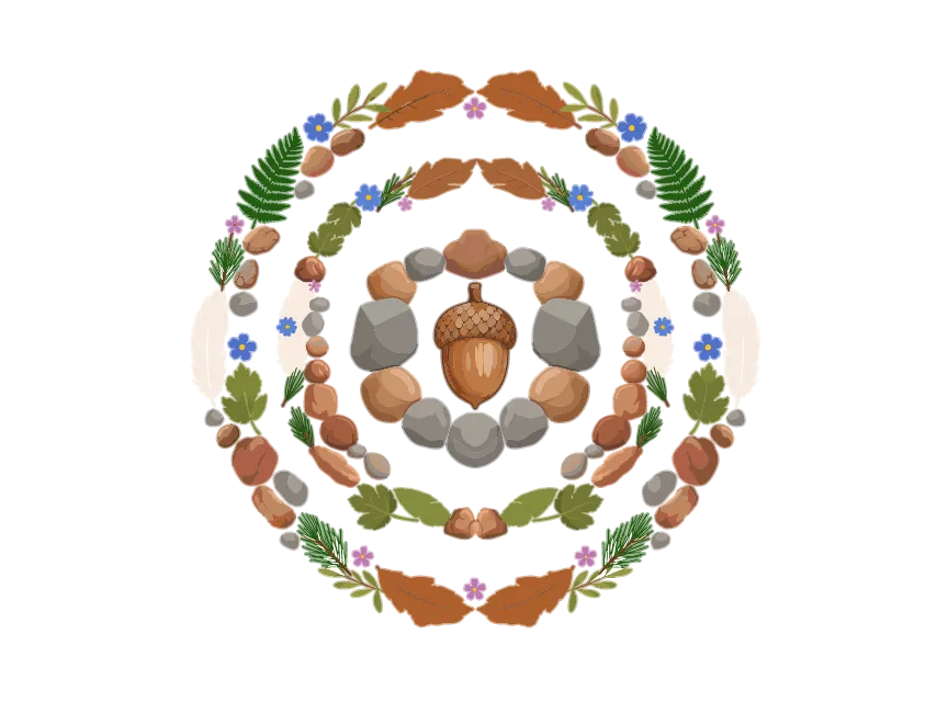 Un grand mandala naturel formé de plusieurs cercles de pierres, de branches et de feuilles d'automne.
