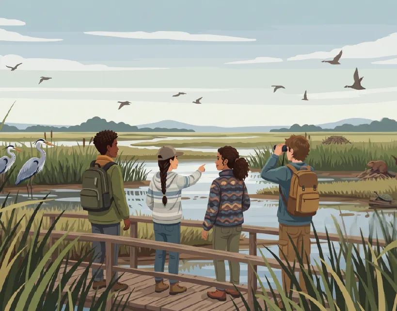 Illustration de quatre enfants sur une passerelle en bois au bord de l’eau.