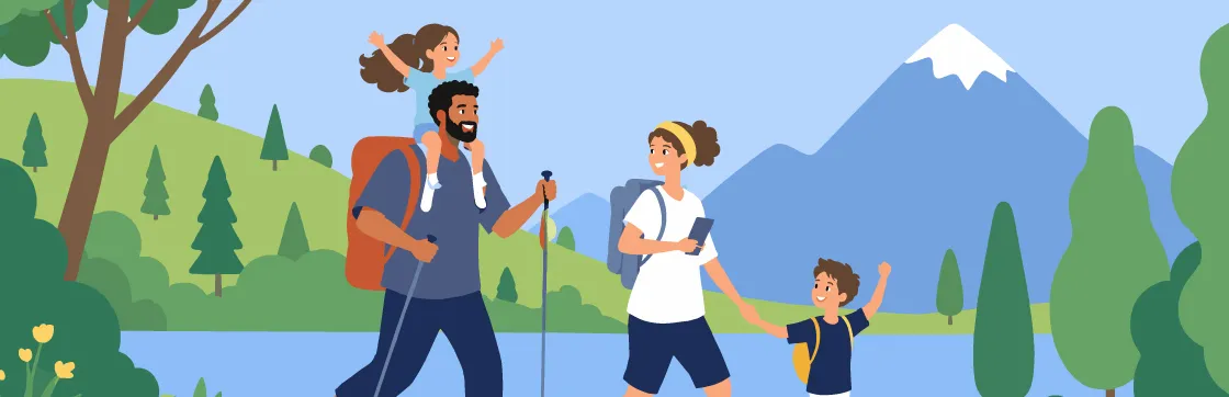 Illustration d'une famille souriante avec deux enfants qui fait de la randonnée en montagne.