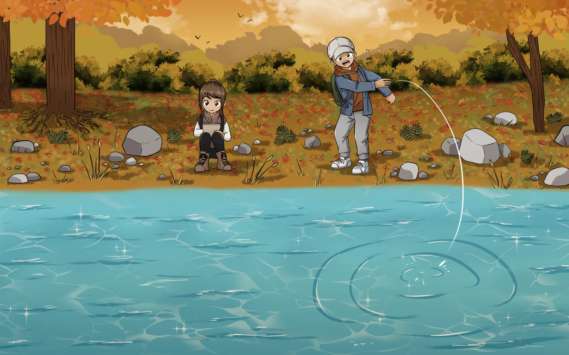 Éloi lance un caillou pour faire des ricochets sur l’eau du ruisseau. À côté de lui, Camille, assise dans l’herbe, se concentre sur le dessin du paysage qui s’étend devant elle dans son carnet.