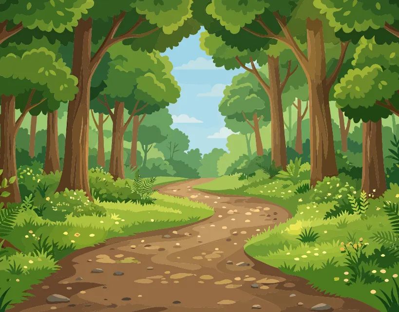 Illustration d'un chemin de terre qui traverse une forêt avec de grands arbres et des fleurs.