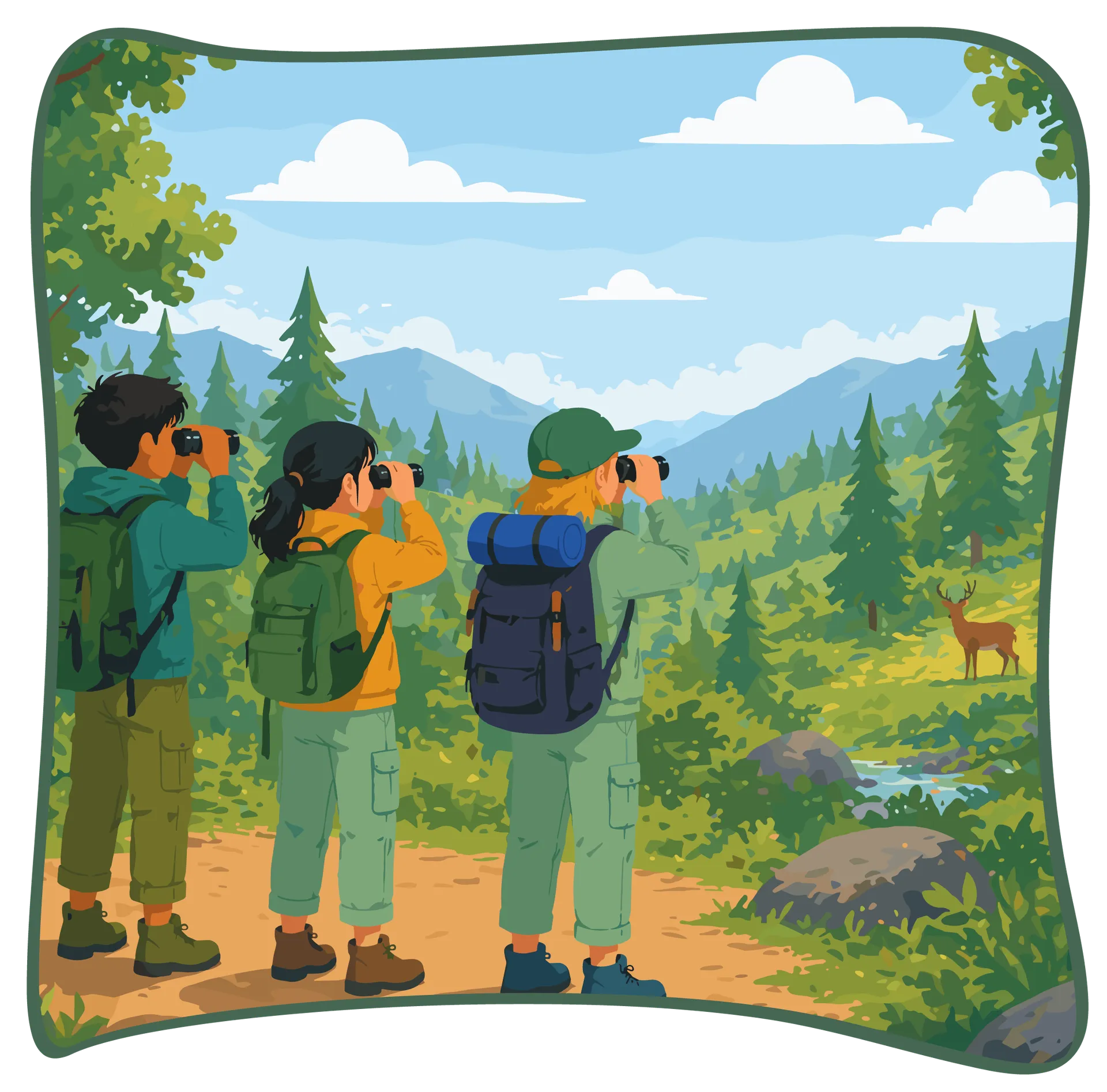 Illustration de trois enfants de dos qui regardent avec des jumelles un cerf au loin dans une vallée de sapins.