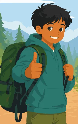 Illustration d’un jeune garçon souriant qui lève le pouce au milieu des sapins.