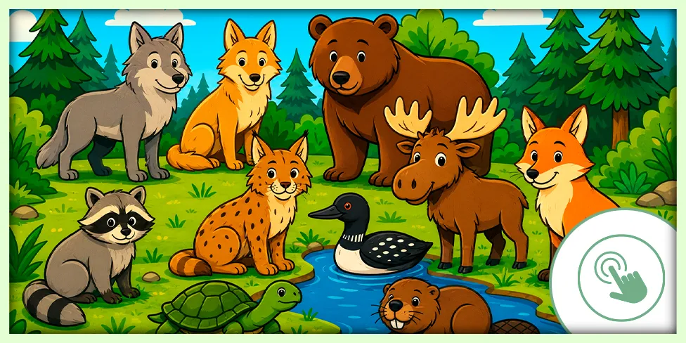 Illustration d'animaux de la forêt, dont un ours, un orignal et un renard, réunis au bord d'un lac.